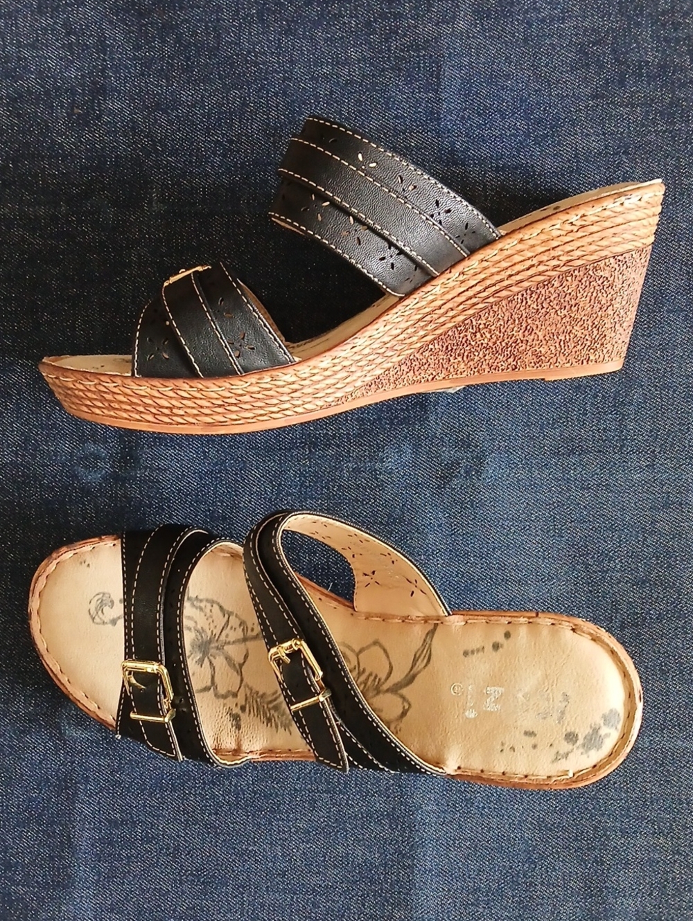 Women's Black Wedge Slide Sandals with Gold Buckle Detail